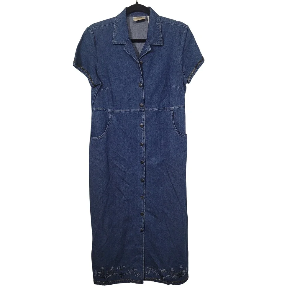 Field Manor Size 12 Denim Dress and Jacket Set Womens Embroidered Beaded Blue